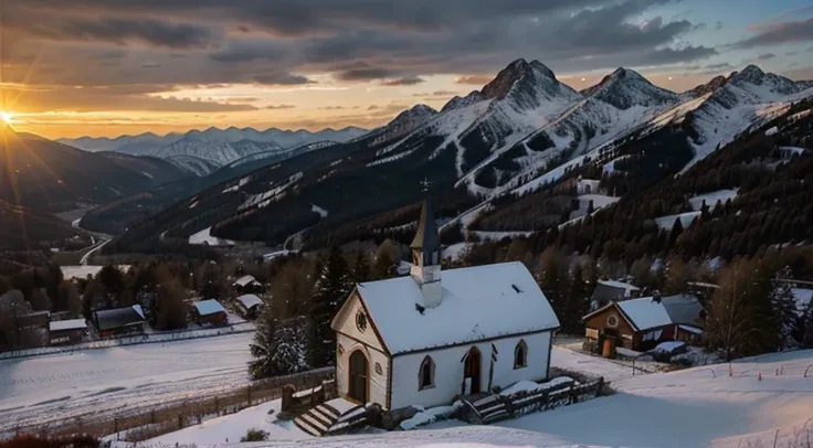 small church in the mountains,  sunrise scenery, sunshine in the clouds