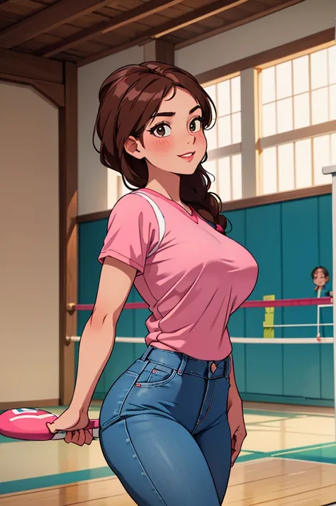 (masterpiece, best quality:1.2) 1lady solo, latina lady, narrow waist, /(pink volleyball uniform/), short sleeves, /(long/) blue jeans, /(brown hair/) straight n long, blush light smile, pink lips, large breasts, wide hips, arms behind /(volleyball court i...