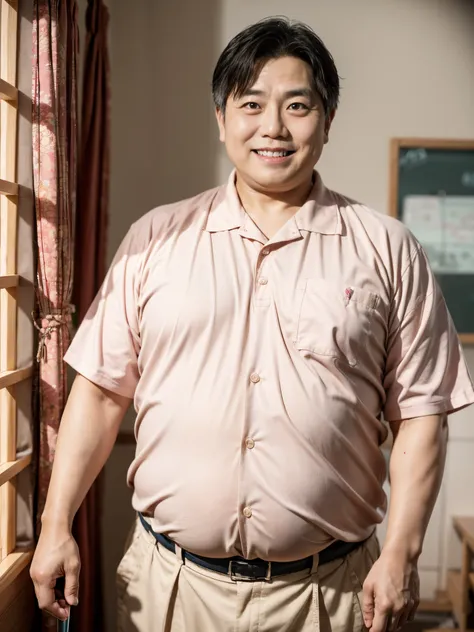 Sweating，short-haired, Overweight Japanese male teacher weighing 90kg.（55 years old）pose with a strange smile。.,Real Light,wearing a summer shirt and slacks，I have a pink stick in my hand，