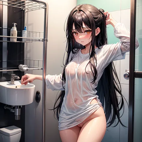 Girl with long black hair、Unkempt hair、Long white T-shirt、bare-legged、No bra,White panty、Golden Eyes、in a cage、Western-style toilet、no panties,pussy juice,,vagina,Open your crotch、embarassed face、red blush、Teary-eyed、Wet