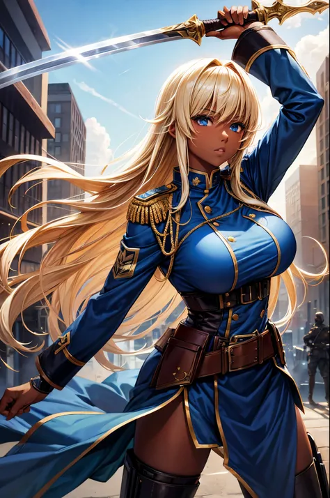 Female, Hime Cut Blonde hair, Blue eyes, dark brown skin, large breasts, wearing a military uniform and wielding a sword. A city background during the day time