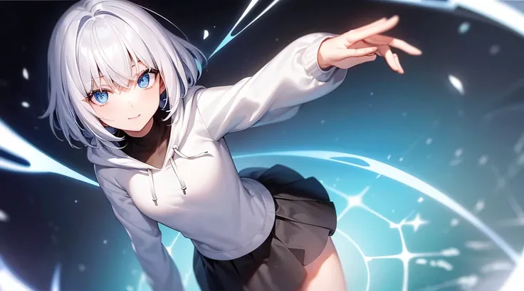 Ultra-high image quality,Look at viewers, hands behind back, girl with, 20 years old, Very short hair, long bangs between eyes, pale blue eyes, Hoodie, Skirt , Blue sky, Sunlight, Extremely detailed,(​masterpiece、top-quality)、独奏、White hair、A smile、White sk...