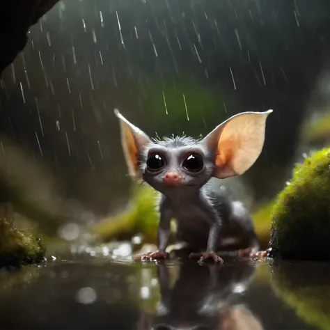 In the cave，Small male gremlin similar to a mole,large ears, elongated nose, light silver fur, long tail, in the foreground the nose sticks out of the hole, rain is dripping, stands looking into a puddle,