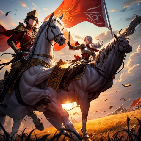 Looking at the character from the left，The young general wearing silver armor and riding a white horse took the lead with an angry expression and a golden gun in his hand.，Thousands of troops and cavalry followed behind, hoisting the Luo-shaped flag and ch...