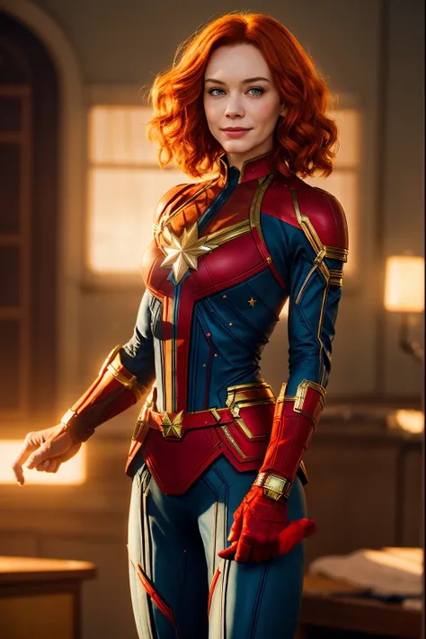 young 25 year old christina hendricks as captain marvel from marvel comics, sly smile, perfect hands, high detail face, pale fai...