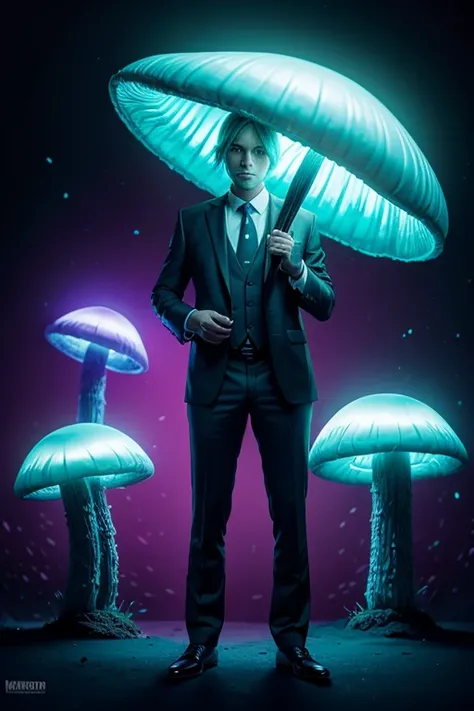 a bioluminescent mushroom wearing a business suit and holding a pistol