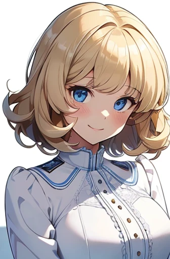 fluffy hair, a blond, perm, bobhair, White Dress, Blue eyes, Blonde blue-eyed, White blouses, a smile