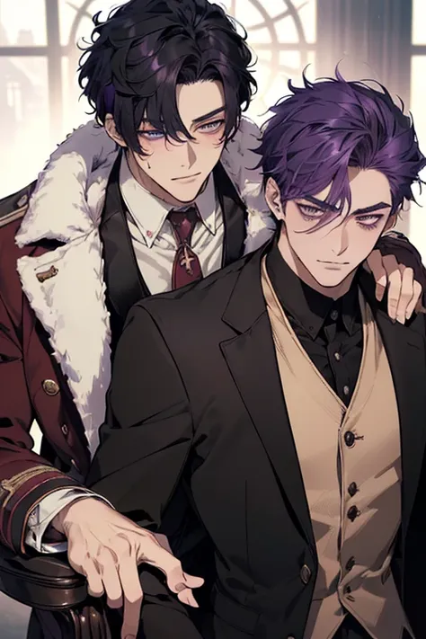 (((Two men、2 adult males)))、(((Man with black hair and man with purple hair))),(((face perfect、perfect  eyes)))、red blush、Troubled face、School Uniforms、Elegant coat、Clothes with fur、Conspiracy look、Provocative facial expressions、Ridicule、laugh、Men with bro...