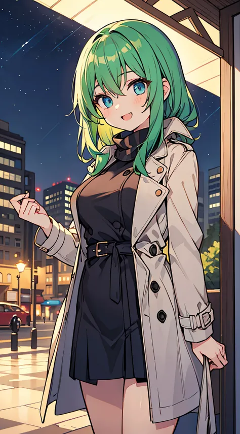 ((A Pretty girl with green hair and blue eyes))、((wearing trench coat and muffler))、Loli face、((master piece、top-quality、ultra-definition、high resolution))、anime girl、((ultra-detailed illust:1.2))、only one person、bangs、hair between eye、beautiful hair、Beaut...