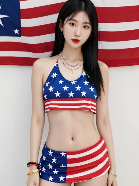 1girl, American flag printed short dress,  japanese, 25 years old, fair white skin, necklace, bracelets, wet body, layered hairstyle,  red lips, 8k, realistic, detailed face, detailed body, navel, front view,  looking at the viewer