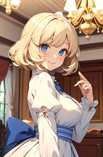 fluffy hair, a blond, perm, bobhair, White Dress, Blue eyes, Blonde blue-eyed, White blouses, a smile, borgar, inside the house, full bodyesbian, chandeliers