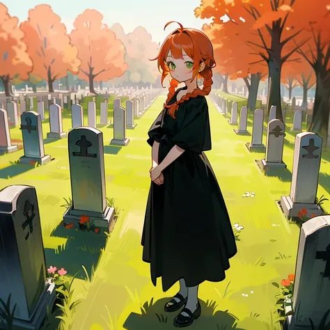 High Detail, Ultra Detail, Ultra High Resolution A cute and innocent girl, child, toddler, sad girl, (green eyes, red-orange hair, braided hairstyle)(wearing a black dress), standing in front of a grave, flowers placed near the grave, cemetery, green hills...