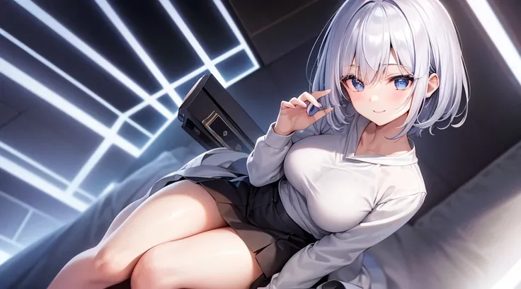 Ultra-high image quality,Look at viewers, hands behind back, girl with, 20 years old, Very short hair, long bangs between eyes, pale blue eyes, Hoodie, Skirt , Blue sky, Sunlight, Extremely detailed,(​masterpiece、top-quality)、独奏、White hair、A smile、White sk...