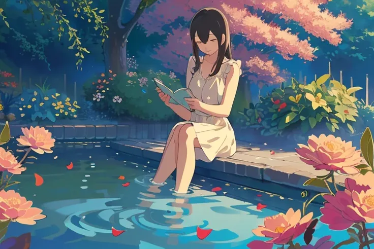 (masterpiece:1.2), best quality,PIXIV, The Garden of Words, girl floating on pond, eyes closed, flower petals on the water, colorful fish, peaceful ambience