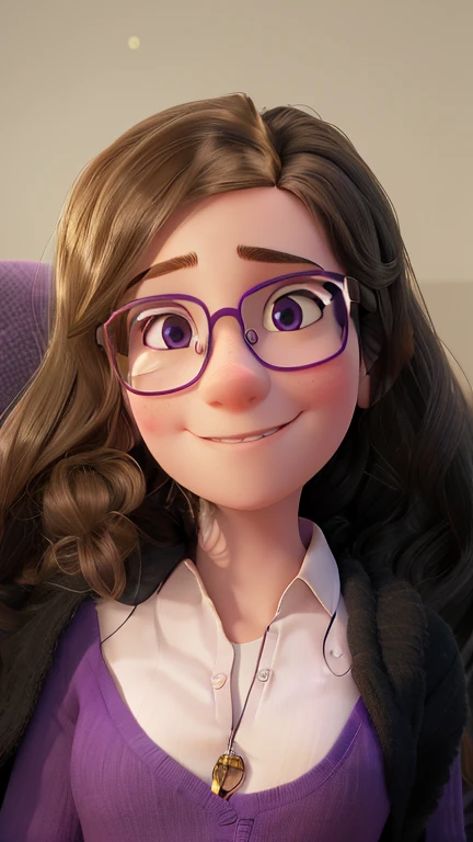 arafed woman with glasses and a purple shirt sitting on a bed, halfbody headshot, headshot of young female furry, slight nerdy smile, headshot profile picture, cute slightly nerdy smile, taken in the early 2020s, slightly smiling, looking straight to camer...