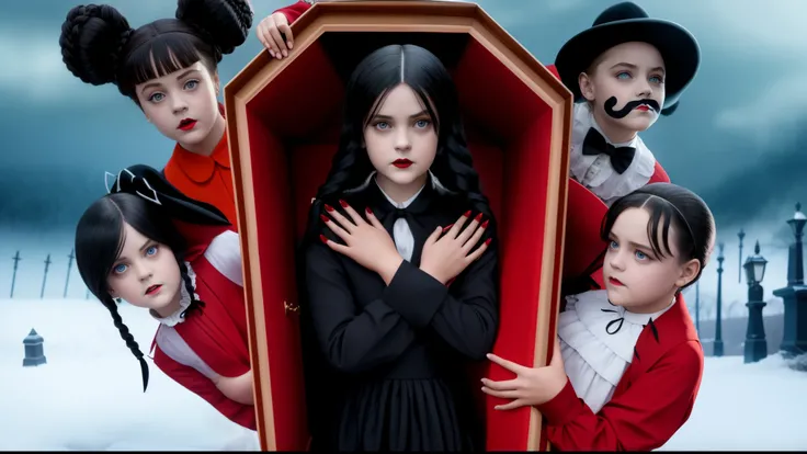 (group of people in costumes,wednesday addams in coffin,red coffin,funeral,realistic,rimlight,4k)