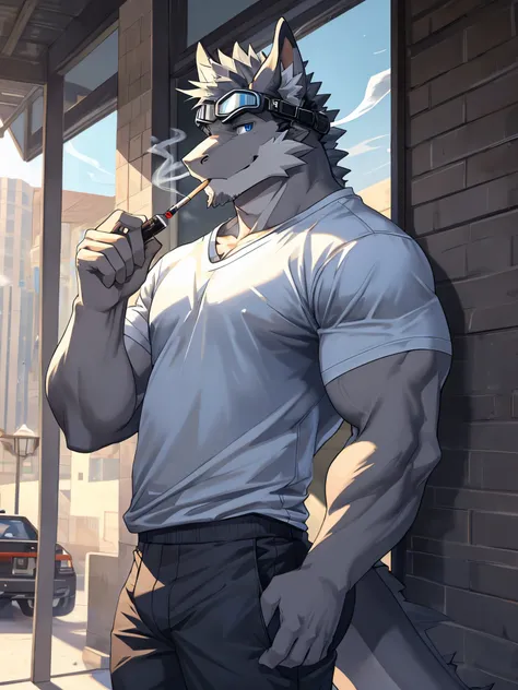 Masterpiece, Solo, Furry Gray Dragon, Adult, Gray Fur, Blue Eyes, Gray Short Hair, Muscular Body, Good Looking, Handsome, Fierce, Casual Shirt, Casual Pants, Blue Goggles, Smoking Vape.