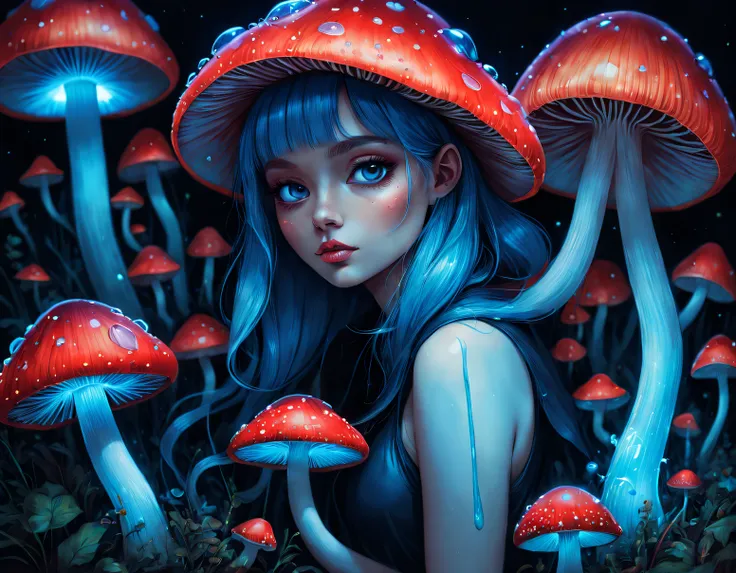 jasmine beckett griffith style,Drawing of blue and red glowing mushrooms, ，Luminous cells in mushroom gills produce fluorescence through bioluminescence，snail，kawaii girl, hyper realisitc，Fantasy illustration, Dripping honey, hyperrealistic aesthetic, Pop ...