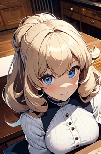 full bodyesbian, fluffy hair, a blond, Loose and fluffy perm, bobhair, Blue eyes, Blonde blue-eyed, White Dress, A smile, A slender, Brown boots, in a house, black tea, The table, close up of face,Perspective from above