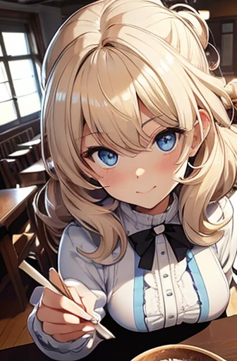 full bodyesbian, fluffy hair, a blond, Loose and fluffy perm, bobhair, Blue eyes, Blonde blue-eyed, White Dress, A smile, A slender, Brown boots, in a house, black tea, The table, close up of face,Perspective from above