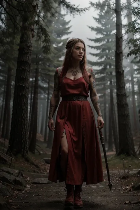 Nordic female Warrior queen, red dress, runic tattoos, foggy woods