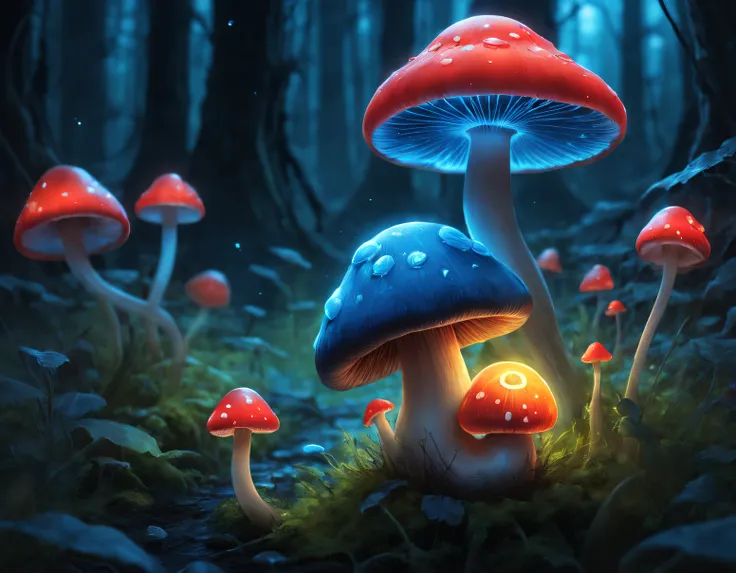 beth hamity style，(Kawaii girl and blue and red glowing mushroom garden painting）, Luminous cells in mushroom gills produce fluorescence through bioluminescence，snail, Surreal cute snail, dreamlike illustration, Dripping honey, hyperrealistic aesthetic, Po...