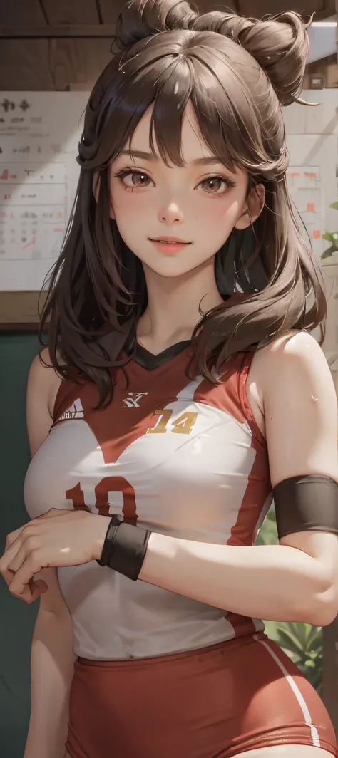 1lady solo, /(volleyball uniform/), /(dark brown hair/) bangs, blush light smile, (masterpiece best quality:1.2) delicate illustration ultra-detailed, BREAK /(volleyball court indoors/)