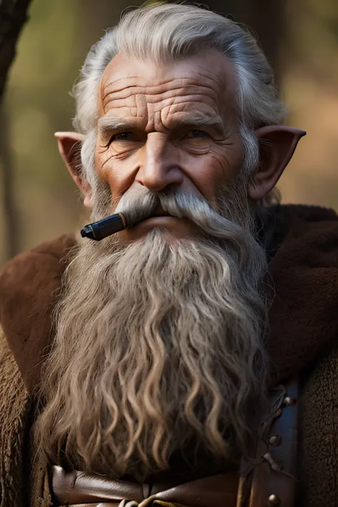 DND 5E, Firbolg, Druid, male, old, kind look, pipe in mouth, brown hair