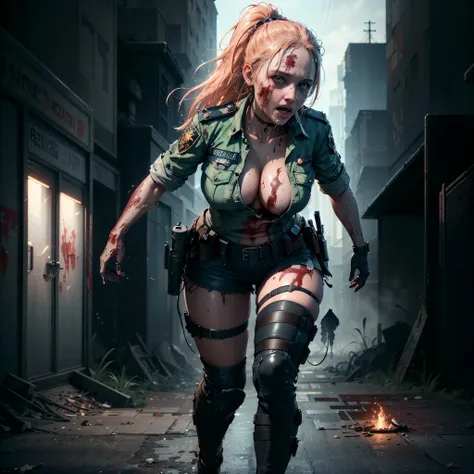 generate a female police with bitten by zombie, she is very weak cant walk and hurt badly, bloody on body, rotten zombie, rotten, decay face, generate a thrilling surrounding as the zombie come approach, sfw, full body picture, from far photoshoot, zombie ...