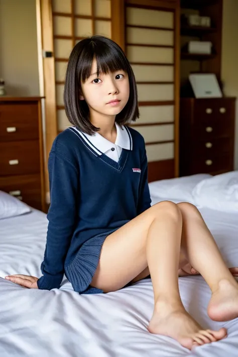 An ultra-high picture quality、Perfect Photo、14 year old beautiful girl、Japan beautiful girl、middle school girl、light skinned、slender、tiny chest、Sit on the bed、a miniskirt、With bangs、ankle、kne、angry looking face、Reluctant face、Prone eyes、a short bob、girls o...