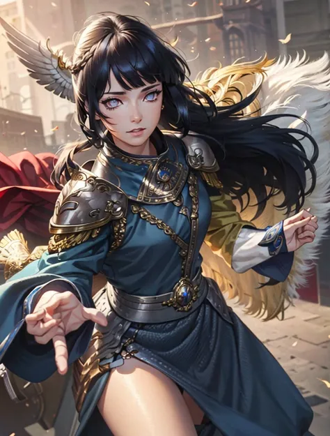 (masterpiece:1.2), (best quality:1.2), perfect eyes, perfect face, perfect lighting, 1girl, mature female, long hair with perfect bang, pompadour cut,  eyes, long sleeves, skirt, valkyrie armor, sky, detailed background, thick eyelashes, makeup