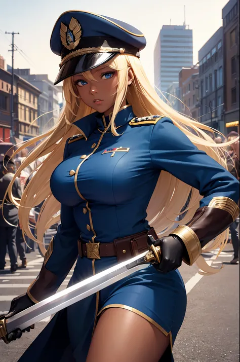 Female, Hime Cut Blonde hair, Blue eyes, dark brown skin, large breasts, wearing a military uniform and military cap and wielding a sword. A city background during the day time.