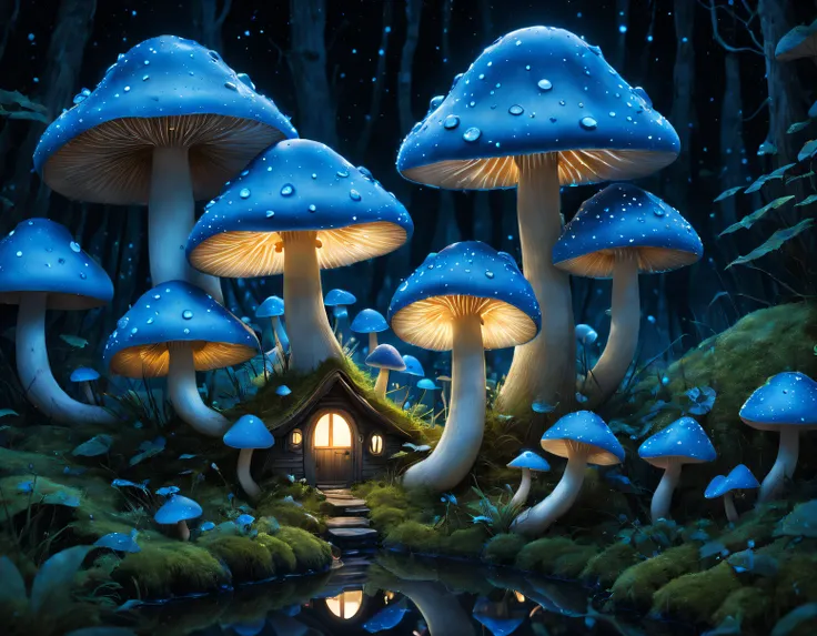 magical, mistic, Ethereal landscape, Excellent surreal summer glow mushroom house, Catch the glowing New Zealand blue mushroom - Bluegill - in a drop of water (Gao&#39;s centipede)，Luminous cells in mushroom gills produce faint blue fluorescence through bi...