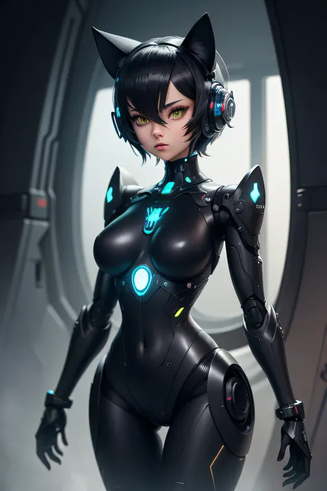 A female robot shaped like a black cat　Has cat ears and a tail　Mechanical arm　mechanical legs　Mechanical fuselage　Lurking in the Dark, nffsw, retinas, masutepiece, ccurate, Anatomically correct, Textured skin, Super Detail, high details, High quality, Best...