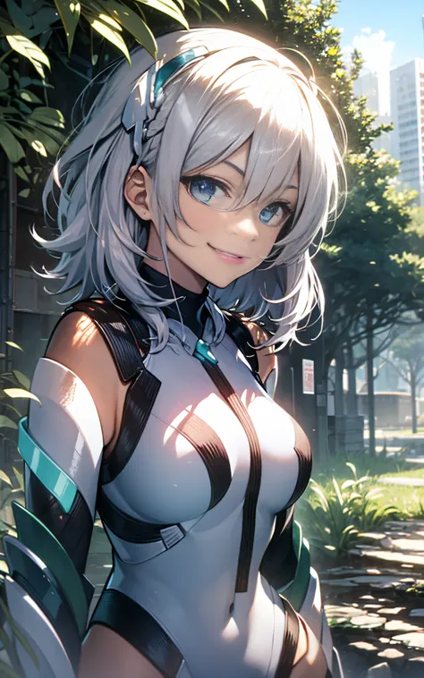 lightsmile, deva battle suit, outdoors, silver hair, bobhair, blue eyes, waist shot