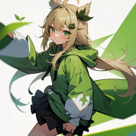 blonde twin-tailed girl, leaf hair accessories, green hoodie, green eyes, ahoge、two-dimensional girl、vtuber、white haori