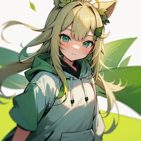 blonde twin-tailed girl, leaf hair accessories, green hoodie, green eyes, ahoge、two-dimensional girl、vtuber、white haori