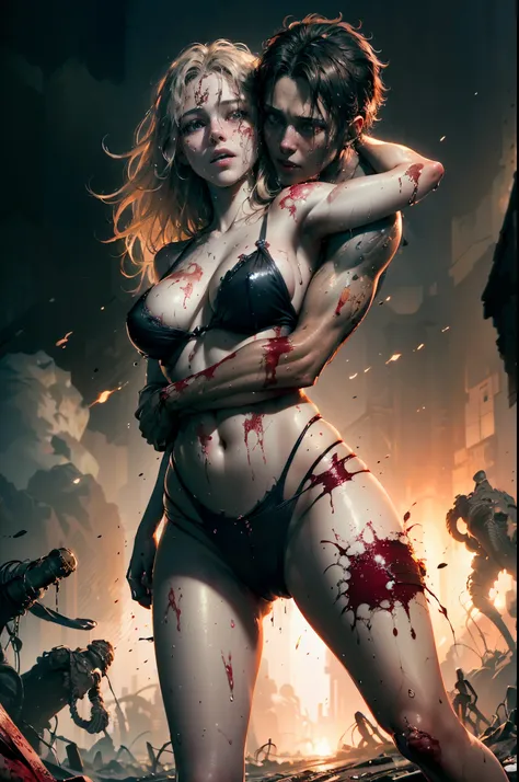 Sexy lady bitten by zombies hug male zombie, hurt, blood on arms, weak, cant walk, almost die, apocalypse zombie, (masterpiece, best quality:1.2),(8k,highres,RAW photo,realistic,photo-realistic:1.3),(detailed skin texture,detailed cloth texture,beautiful d...