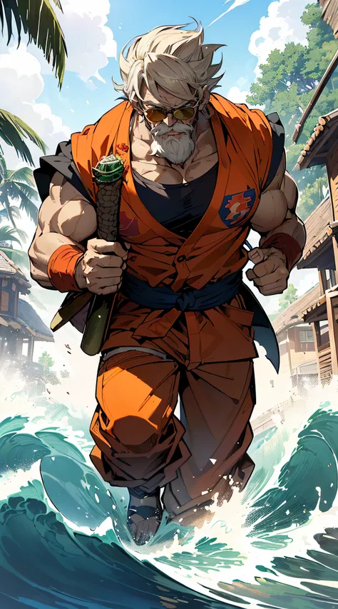 Master Rossi:1.5, (Master Rossi:1.4), (A bald old man with a white beard:1.3), (wears dark glasses, red Hawaiian shirt, and green pants:1.3), (Carrying a turtle shell:1.4), (Master of martial arts、Founder of Kamehameha Wave:1.3), (Live on a small island ca...