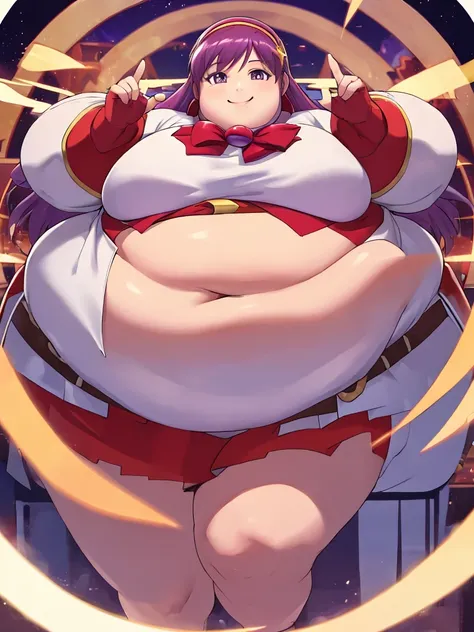 ((masterpiece,best quality)), absurdres,
Obese Athena_Asamiya, fat body
solo, smiling, looking at viewer, cowboy shot, 
cinematic composition, dynamic pose,