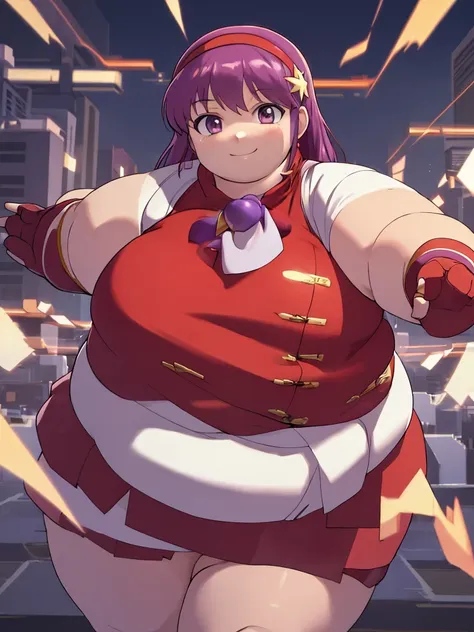 ((masterpiece,best quality)), absurdres,
obese athena_asamiya, fat body
solo, smiling, looking at viewer, cowboy shot, 
cinemati...