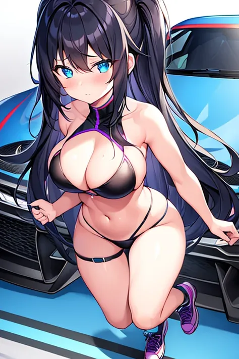 1girl, wide hips, large breasts, black hair, long hair, blue eyes, futuristic, science-fiction, tech, shoes, sneakers, neon trim, v-string, bikini, black bikini, black clothes, purple neon trim, full body, car, sports car, shy, blushing, blush, timid, race...