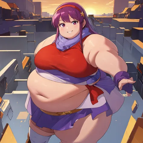 ((masterpiece,best quality)), absurdres,
Obese Athena_Asamiya, fat body
solo, smiling, looking at viewer, cowboy shot, 
cinematic composition, dynamic pose,