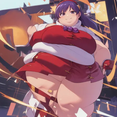 ((masterpiece,best quality)), absurdres,
Obese Athena_Asamiya, fat body
solo, smiling, looking at viewer, cowboy shot, 
cinematic composition, dynamic pose,