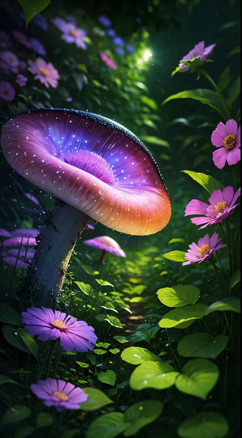 （（（Glowing giant rainbow mushroom，covered with vines，leafs，fresh flowers））），glowing light，Colorful，（（Best quality at best））， （（tmasterpiece）），dance，Enhanced dynamic viewing angle，Sparkling creek，（weeds），flowers blooming，glowing effect，ultra - detailed，Work...