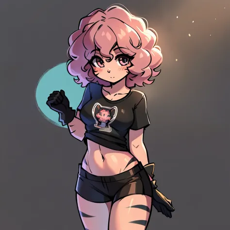 1girl, simple t-shirt with Gender Fluid print, Black shorts, Scene with the hand in front of the screen, Medium sized breasts , curly hair, long E-girl gloves (pink and black stripes).