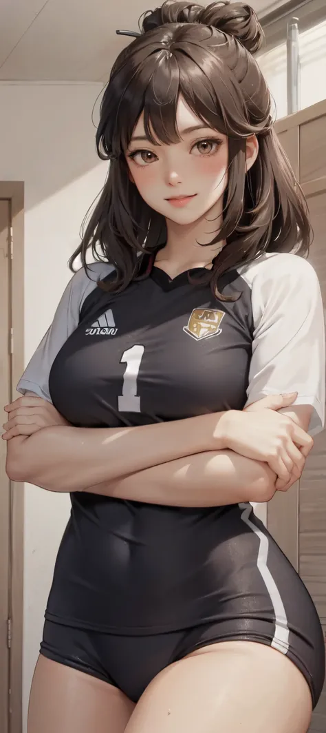 1lady solo, /(volleyball uniform/), /(dark brown hair/) bangs, blush light smile, (masterpiece best quality:1.2) delicate illustration ultra-detailed, BREAK /(volleyball court indoors/)