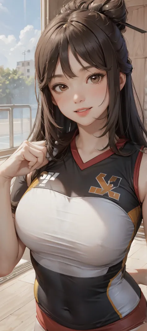 1lady solo, /(volleyball uniform/), /(dark brown hair/) bangs, blush light smile, (masterpiece best quality:1.2) delicate illustration ultra-detailed, BREAK /(volleyball court indoors/)