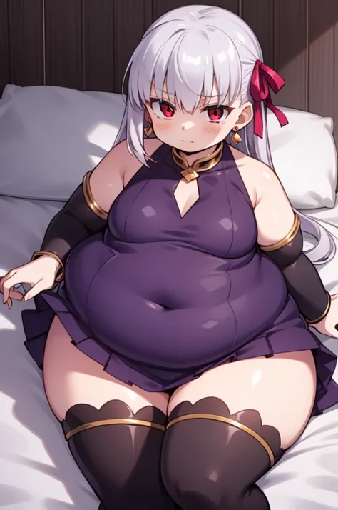 obese fgokama, kama, hair ribbon, (red eyes:1.5), red ribbon, ribbon, long hair, white hair,
BREAK armlet, bare shoulders, bikini armor, fat arms, fat butt, bracelet, collar, detached sleeves, dress, earrings, floral print, jewelry, metal collar, miniskirt...