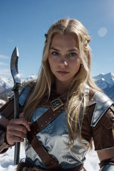 viking mal warrior in Battle on a Snow mountainridge, blond, strong, axe as Weapon, long hair, cristal blue eyes